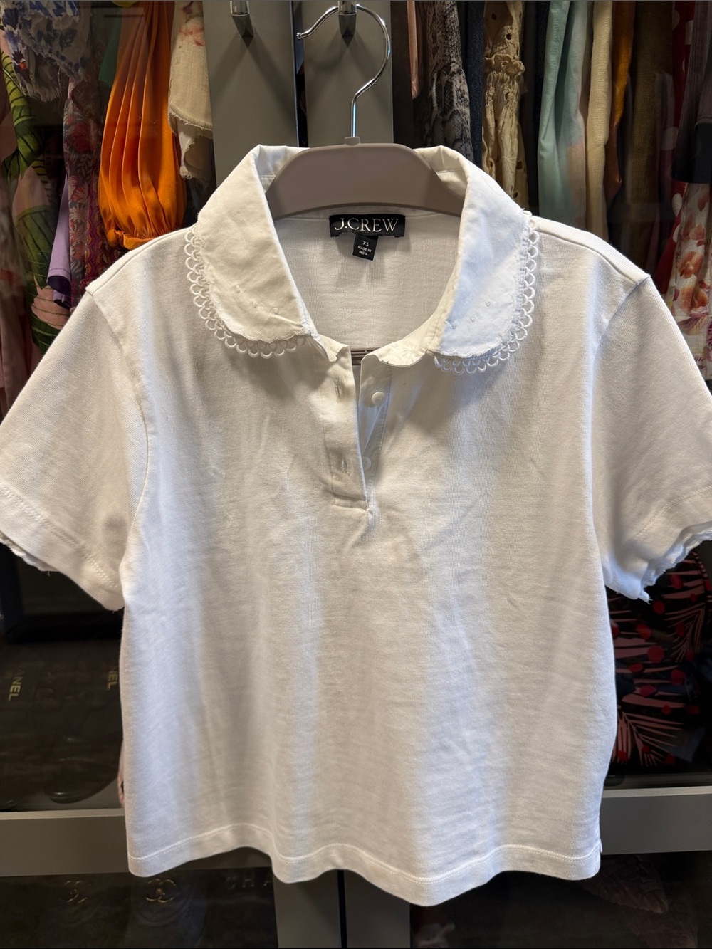 J. Crew White womens Polo with Scalloped Eyelet Collar